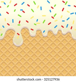 Flowing Ice Cream, Seamless food background. Dripping White Glaze on waffle. Wafer cookie with cream, confectionery yummy. Vector