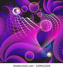 Flowing illuminated lines 3d vector seamless pattern. Colorful bright ornamental shiny bokeh background. Geometric repeat halftone backdrop. Line art modern textured ornament in purple violet colors.