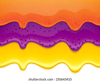 Flowing jam and honey drips - seamless horizontal borders set. Orange and blueberry jam.