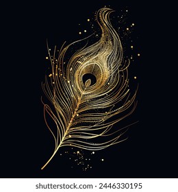 Flowing Line art 3d gold glittery beautiful peacock feather pattern background illustration. Luxury textured flow lines bird feather with golden glitter. Decorative ornate textured glowing feather.