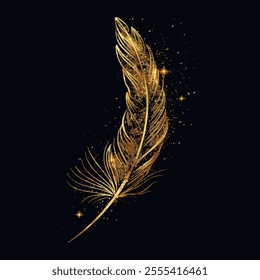 Flowing line art 3d gold glittery beautiful bird feather pattern background illustration. Luxury textured flow lines bird feather with golden glitter. Decorative ornate textured glowing feather.