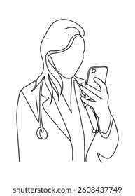 Flowing Line Female Doctor Using Phone. A continuous line drawing depicts a female doctor in a lab coat with a stethoscope, looking at her smartphone.