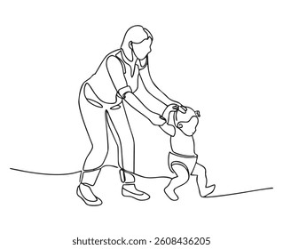 Flowing Line Mother Assisting Baby. A continuous line drawing shows a mother bending over to assist her baby who is taking their first steps.