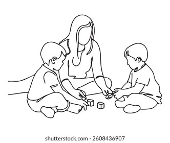 Flowing Line Woman Playing Children. A continuous line depicts a woman sitting on the floor playing with two young children and building blocks.