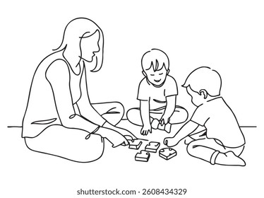 Flowing Line Woman Playing Puzzles. A continuous line shows a woman sitting on the floor playing with two young children who are working on puzzles.