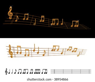 flowing lines with gold musical notes on black and white