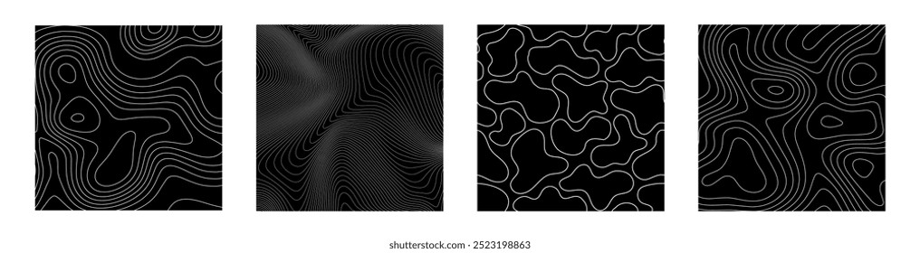 Flowing liquid linear patterns set. Amorphous organic shapes in lines and contours. Minimalist abstract art backgrounds. Trendy fluid design elements for cover, poster, banner, label, print, wrapping.