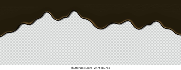 Flowing liquid sticky machine black oil, petroleum pollution. Liquid wave of thick dark paint, bitumen on transparent background. 3d realistic vector illustration. Top horizontal border of the frame