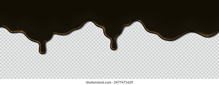 Máquina pegajosa líquida que fluye aceite negro, contaminación de petróleo. Onda líquida de pintura oscura gruesa, betún sobre fondo transparente. Ilustración vectorial realista 3d. Borde Horizontal superior del marco