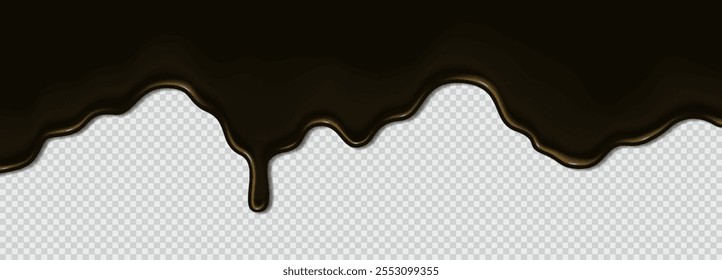 Máquina pegajosa líquida que fluye aceite negro, contaminación por petróleo. Onda líquida de pintura oscura gruesa, betún sobre fondo transparente. Ilustración vectorial realista en 3D. Borde Horizontal superior del marco