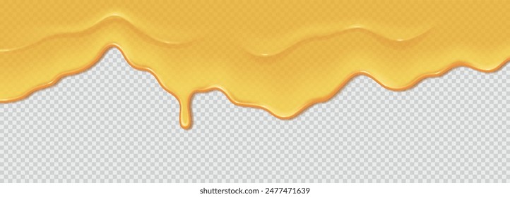 Máquina líquida líquida amarilla o aceite de girasol, jarabe de arce o salsa. Onda líquida de pintura gruesa sobre fondo transparente. Ilustración vectorial realista 3d. Borde Horizontal superior del marco