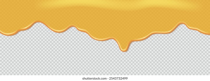 Flowing liquid yellow machine or sunflower oil, maple syrup or sauce. Liquid wave of thick paint on transparent background. 3d realistic vector illustration. Top horizontal border of the frame