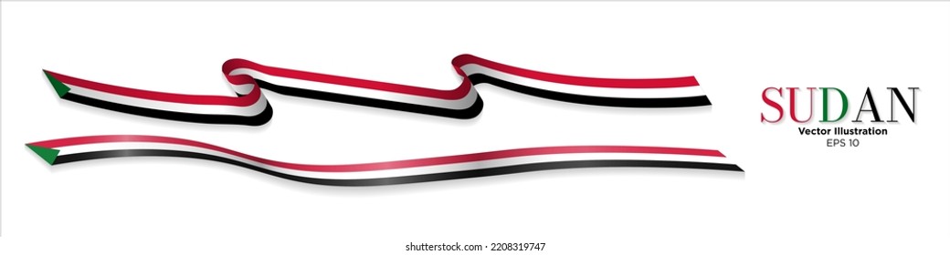 Flowing long Flag of Sudan Silk Ribbon with shadow isolated on white background, 3d rendered flag ribbon. Vector Illustration.