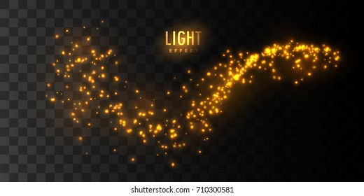 Flowing luminous wave. Glowing fire sparkles isolated on dark checkered transparent background. Vector illustration of shiny particles. Light glittering effect. Glowing element for design