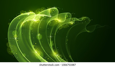 Flowing magic energy particles over dark, wave of blended dots transparent tulle textile on wind. Curved dotted 3d lines vector effect illustration. 3d futuristic style.