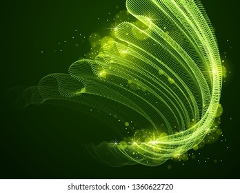 Flowing magic energy particles over dark, wave of blended dots transparent tulle textile on wind. Curved dotted 3d lines vector effect illustration. 3d futuristic style.
