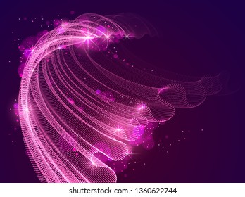 Flowing magic energy particles over dark, wave of blended dots transparent tulle textile on wind. Curved dotted 3d lines vector effect illustration. 3d futuristic style.