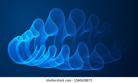 Flowing magic energy particles over dark, wave of blended dots transparent tulle textile on wind. Curved dotted 3d lines vector effect illustration. 3d futuristic style.