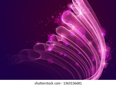 Flowing magic energy particles over dark, wave of blended dots transparent tulle textile on wind. Curved dotted 3d lines vector effect illustration. 3d futuristic style.
