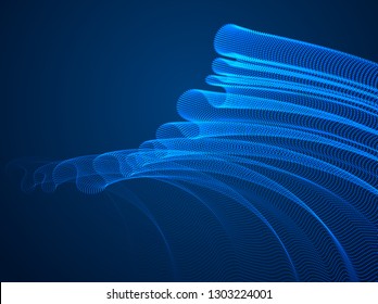 Las partículas mágicas flotantes ondean sobre el tul oscuro y transparente textil sobre el viento, líneas de curva de movimiento dinámico. Ilustración vectorial 3d. Hermosa ola de calmación en forma de conjunto de puntos mezclados.