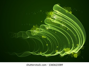 Flowing magic particles wave over dark, transparent tulle textile on wind, dynamic motion curve lines. 3d vector illustration. Beautiful calming wave shaped array of blended points.