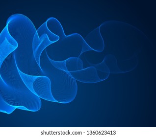 Flowing magic particles wave over dark, transparent tulle textile on wind, dynamic motion curve lines. 3d vector illustration. Beautiful calming wave shaped array of blended points.