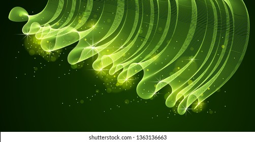 Flowing magic particles wave over dark, transparent tulle textile on wind, dynamic motion curve lines. 3d vector illustration. Beautiful calming wave shaped array of blended points.