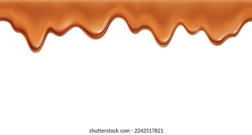 Flowing melted caramel horizontal border on white background realistic vector illustration