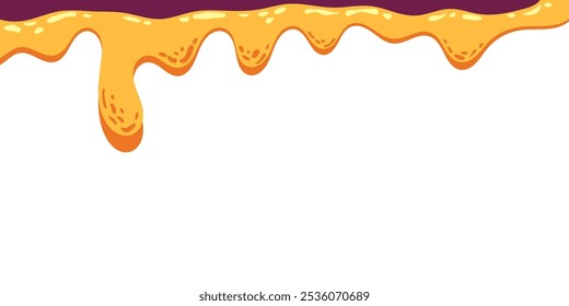 Caramelo derretido que fluye sobre fondo blanco. ilustración de la miel. esquina líquida ondulada colorida. elemento de diseño de baba derretida. patrón de goteo de miel abstracto. pintura amarilla goteante.