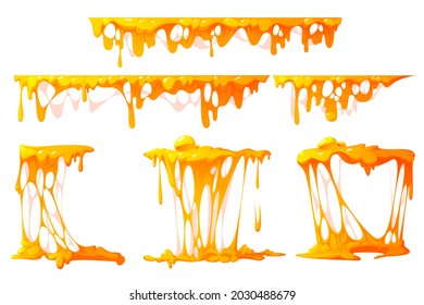 Flowing melted cheese isolated on white background. Vector cartoon borders of hot cheddar, parmesan or holland cheesy slices with holes and molten liquid drops