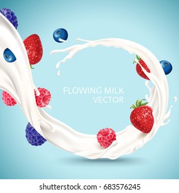 Flowing milk with fruits, refreshing milk with berries isolated on blue background in 3d illustration