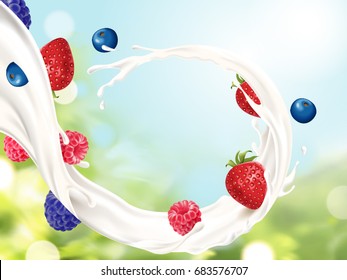 Flowing milk with fruits, refreshing milk with berries isolated on bokeh background in 3d illustration