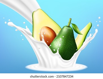 Flowing milk splash with avocado fruits vector 3d realistic ilusstration