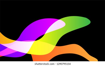 Flowing Minimal Background. Bright Neon Dynamic Design for Card, Cover, Poster. Gradient Shapes on Black Background.