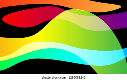 Flowing Minimal Background. Bright Neon Futuristic Design for Card, Cover, Poster. Gradient Shapes on Black Background.