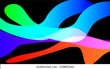Flowing Minimal Background. Bright Neon Dynamic Design for Print, Brochure, Poster. Gradient Shapes on Black Background.