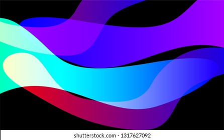 Flowing Minimal Background. Bright Neon Futuristic Design for Card, Cover, Poster. Gradient Shapes on Black Background.