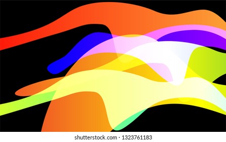 Flowing Minimal Background. Bright Neon Futuristic Design for Card, Cover, Poster. Gradient Shapes on Black Background.