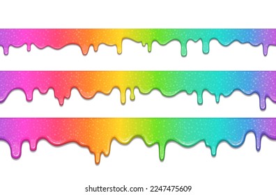 Flowing multicolored slimes, rainbow slime texture. Seamless colorful top banner, slimy repeatable border, vector design elements in cartoon style, isolated on white background.