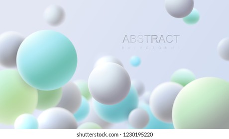 Flowing multicolored spheres. Vector realistic illustration. Abstract background with 3d geometric shapes. Modern cover design. Ads banner or brochure template. Trendy dynamic wallpaper