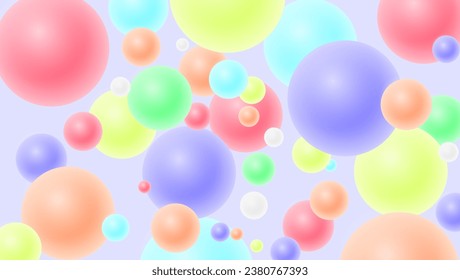 Flowing multicolored spheres. Vector realistic illustration. Abstract background with 3d geometric shapes. Ads banner or brochure template. Trendy dynamic wallpaper. Modern cover design.