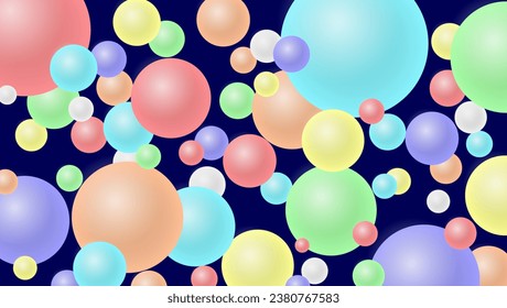 Flowing multicolored spheres. Vector realistic illustration. Abstract background with 3d geometric shapes. Ads banner or brochure template. Trendy dynamic wallpaper. Modern cover design.