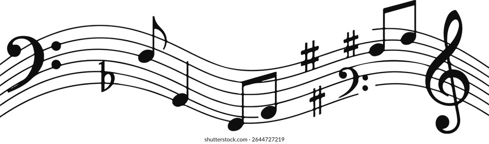 Flowing Musical Staff with Bass and Treble Clefs and Scattered Notes