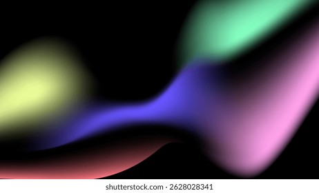 Flowing neon color waves in pink green blue and yellow on black background showcasing abstract digital light motion