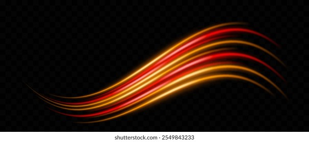 Flowing orange and red neon light streaks with a wavy motion on a dark background. Ideal for sci-fi, tech designs, futuristic themes, or dynamic digital visuals.