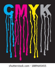  
Flowing Paint, CMYK print colors. 
Illustration with CMYK inscription with dripping paint. Concept for presenting of color printing. Vector available.