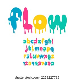 Flowing Paint Font. Liquid Dye Letters and Numbers. Colorful Melted Alphabet.