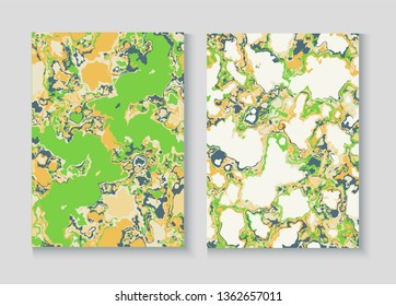 Flowing Paint Marble Vector Background Set. Terrazzo Stone Textured Organic Cover. Granite, Pebble Poster. Liquid Oil, Watercolor Paint, Marble Design. Presentation Minimal Cover Page, Fluid Design