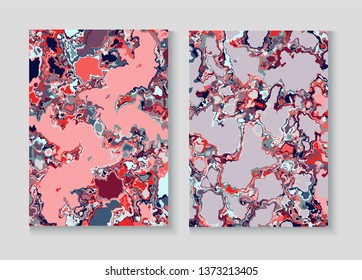 Flowing Paint Marble Vector Background Set. Terrazzo Wall Textured Organic Cover. Granite, Pebble Border. Liquid Oil, Watercolor Paint, Marble Design. Presentation Minimal Cover Page, Fluid Design