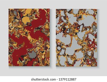 Flowing Paint Marble Vector Background Set. Terrazzo Stone Textured Organic Cover. Granite, Pebble Frame. Liquid Oil, Watercolor Paint, Marble Pattern. Annual Report Minimal Cover Page, Fluid Design